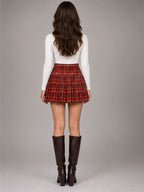 Women's Pleated Mini Skirt – Wool-Blend Preppy Style in Red Plaid — back view