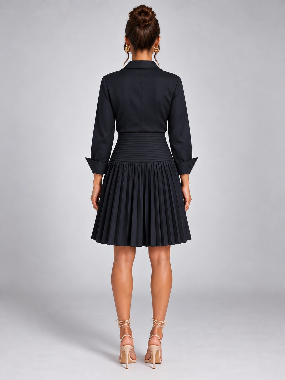 Women's Pleated Shirt Dress – Button Front in Navy — back view