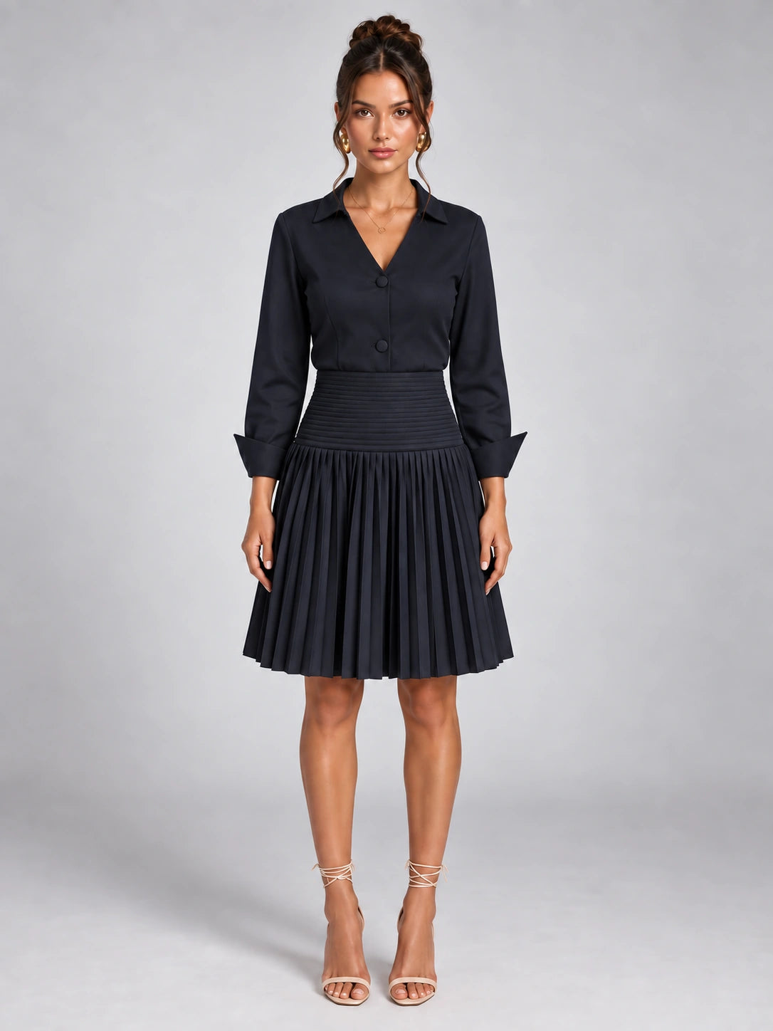 Women's Pleated Shirt Dress – Button Front in Navy — front view
