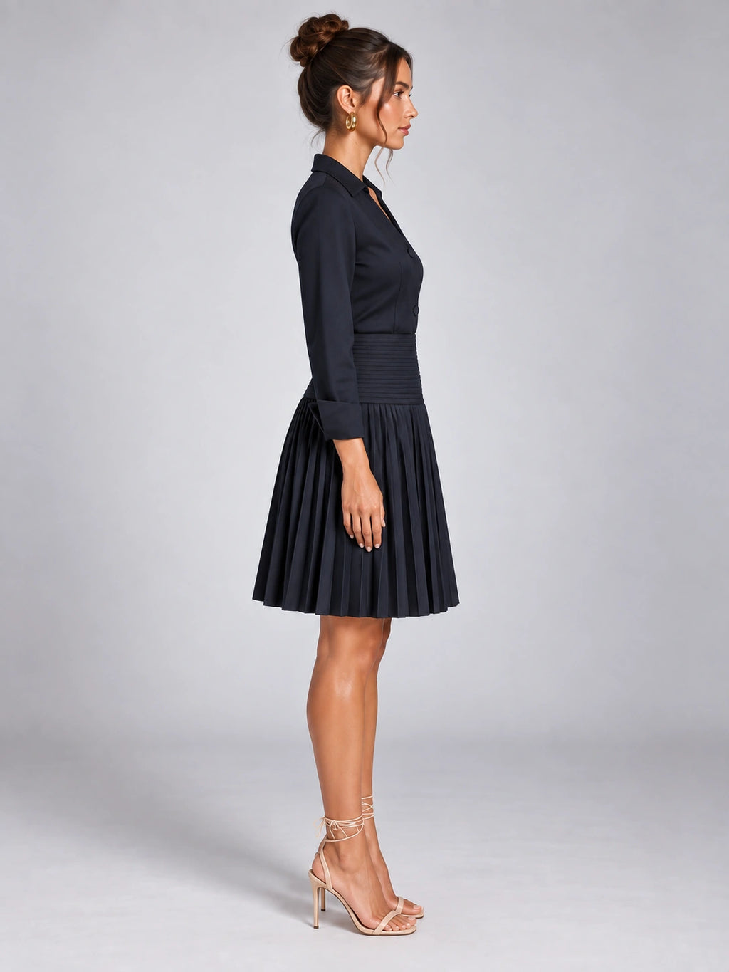 Women's Pleated Shirt Dress – Button Front in Navy — side view