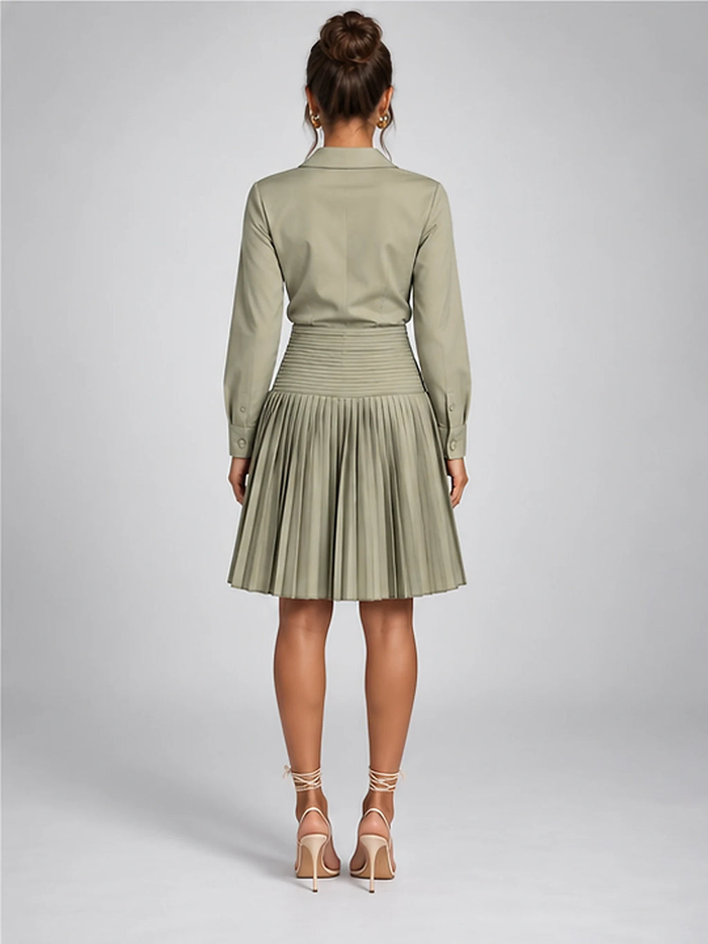 Women's Pleated Shirt Dress – Button Front in Sage — back view