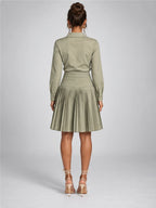 Women's Pleated Shirt Dress – Button Front in Sage — back view