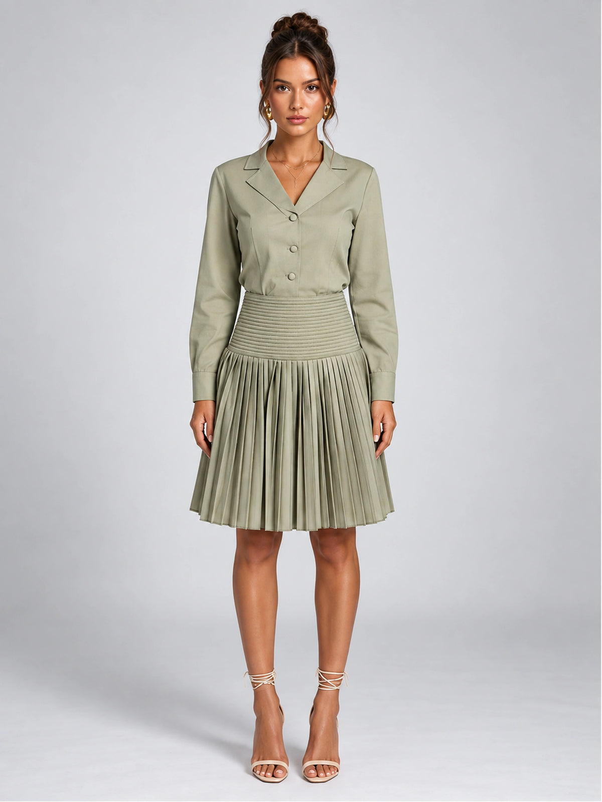 Women's Pleated Shirt Dress – Button Front in Sage — front view
