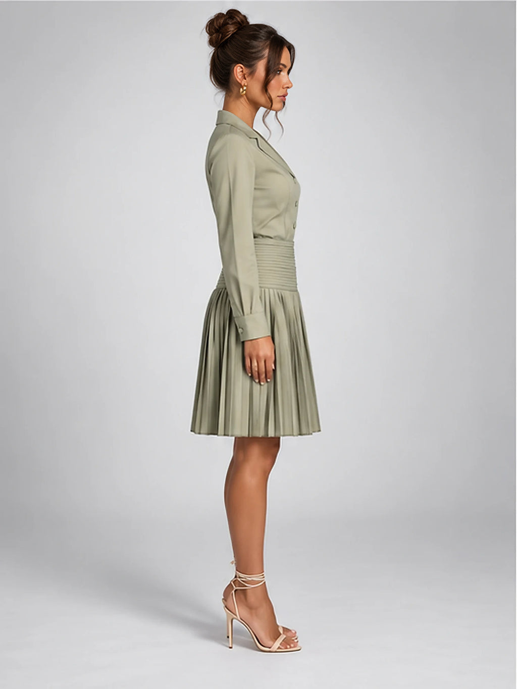Women's Pleated Shirt Dress – Button Front in Sage — side view
