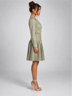 Women's Pleated Shirt Dress – Button Front in Sage — side view