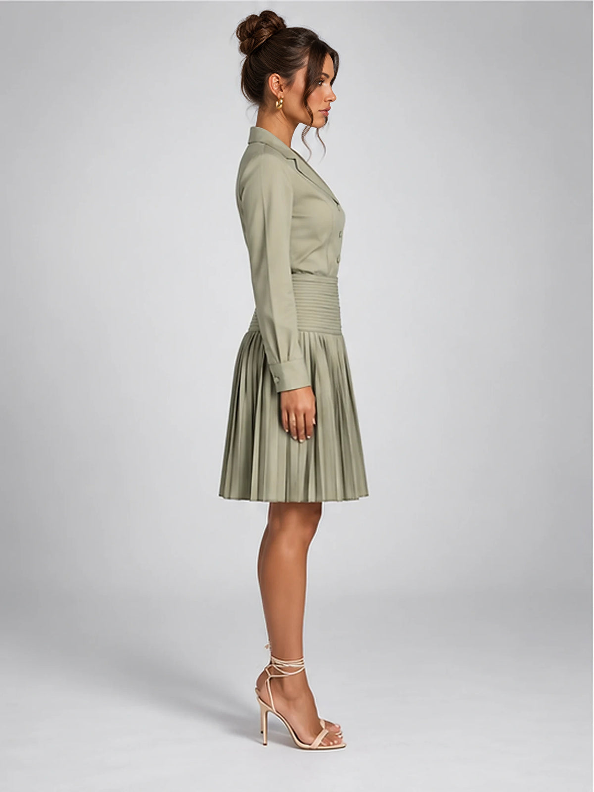 Women's Pleated Shirt Dress – Button Front in Sage — side view