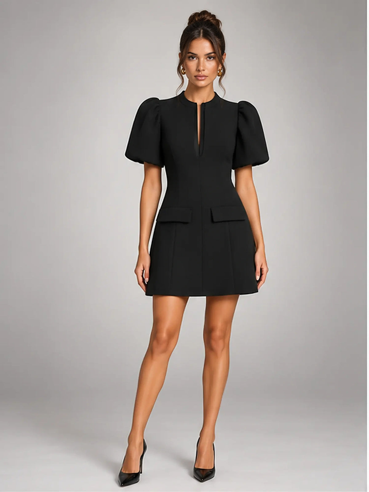 Women's Puff-Sleeve Mini Dress – Flared Skater Fit in Black — front view