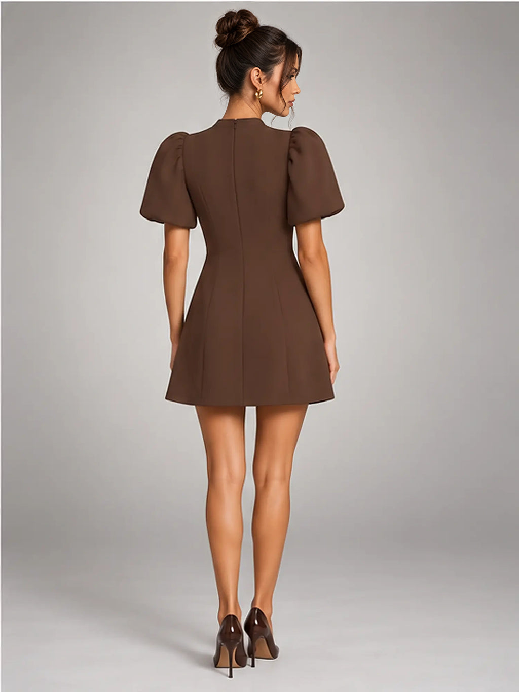 Women's Puff-Sleeve Mini Dress – Flared Skater Fit in Brown — back view