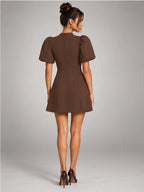 Women's Puff-Sleeve Mini Dress – Flared Skater Fit in Brown — back view