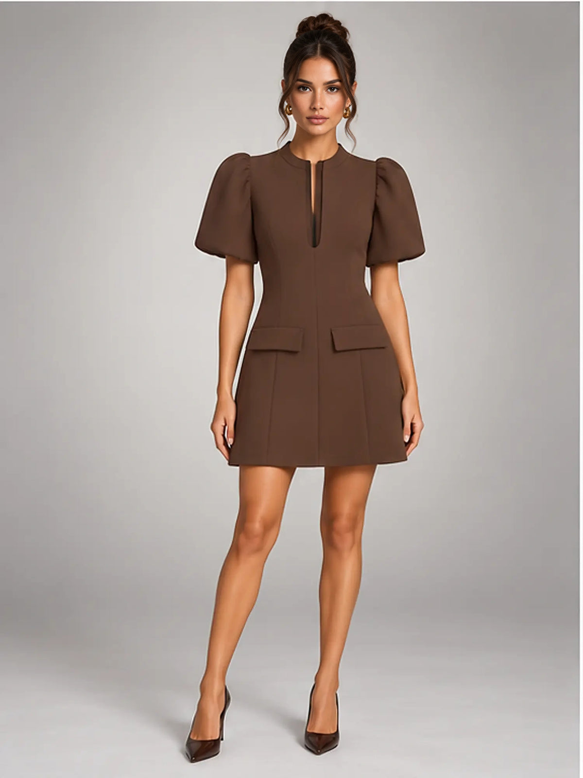 Women's Puff-Sleeve Mini Dress – Flared Skater Fit in Brown — front view