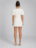 Women's Puff-Sleeve Mini Dress – Flared Skater Fit in White — back view