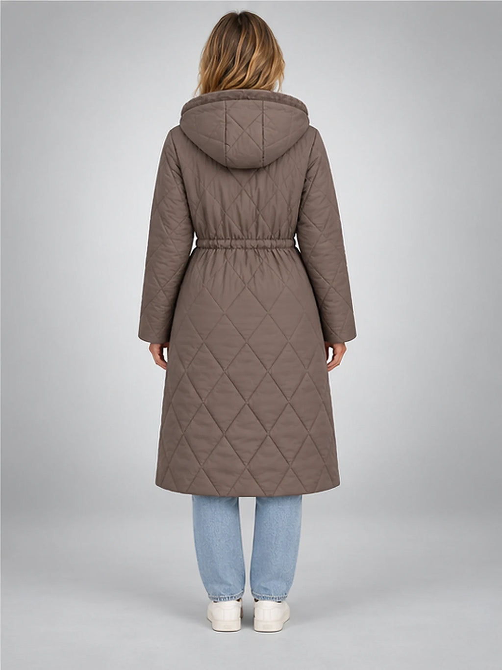 Women's Quilted Parka – Hooded with Drawstring Waist in Taupe — back view