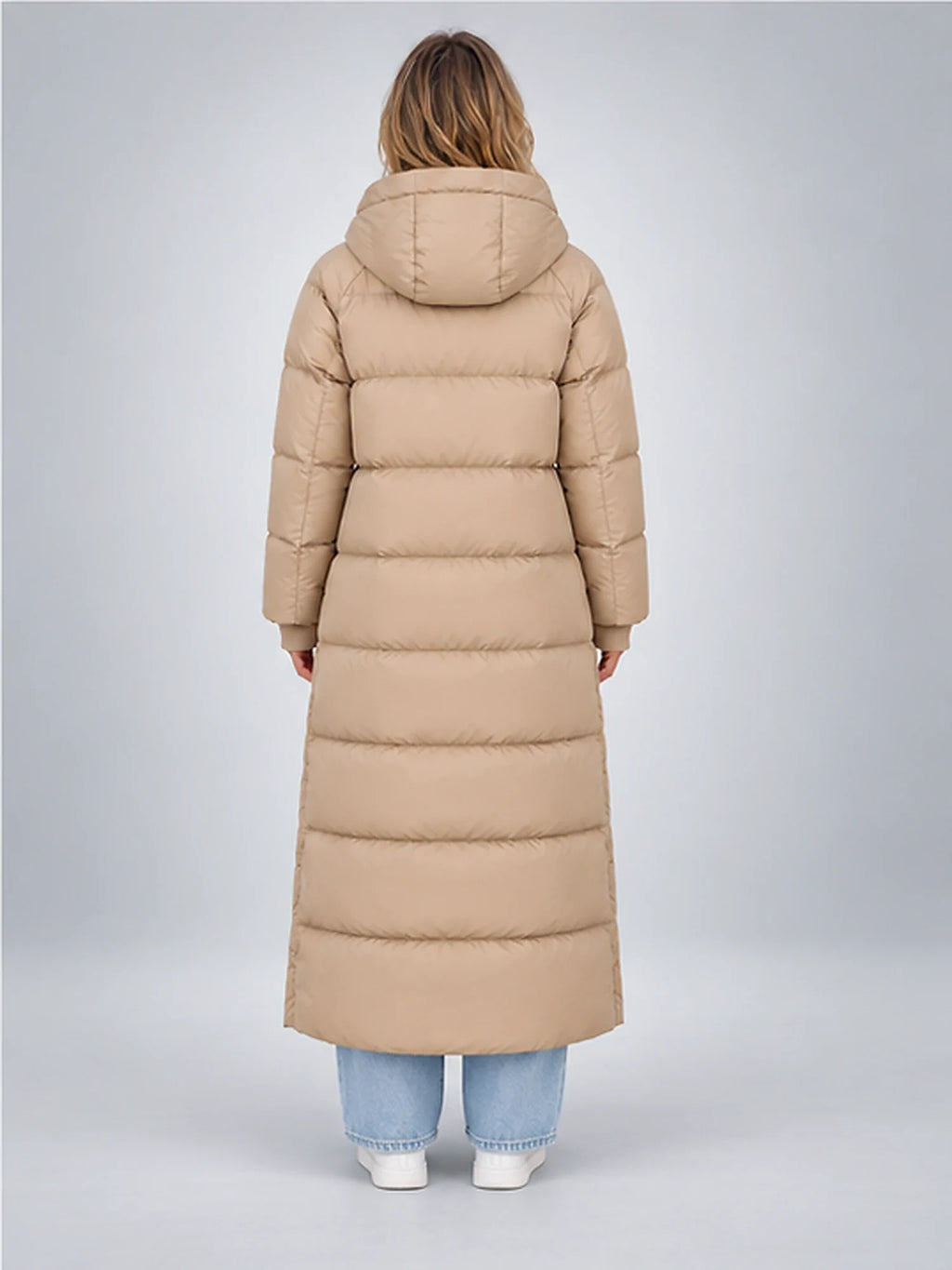 Women's Quilted Puffer Coat – Long Hooded Length in Beige — back view