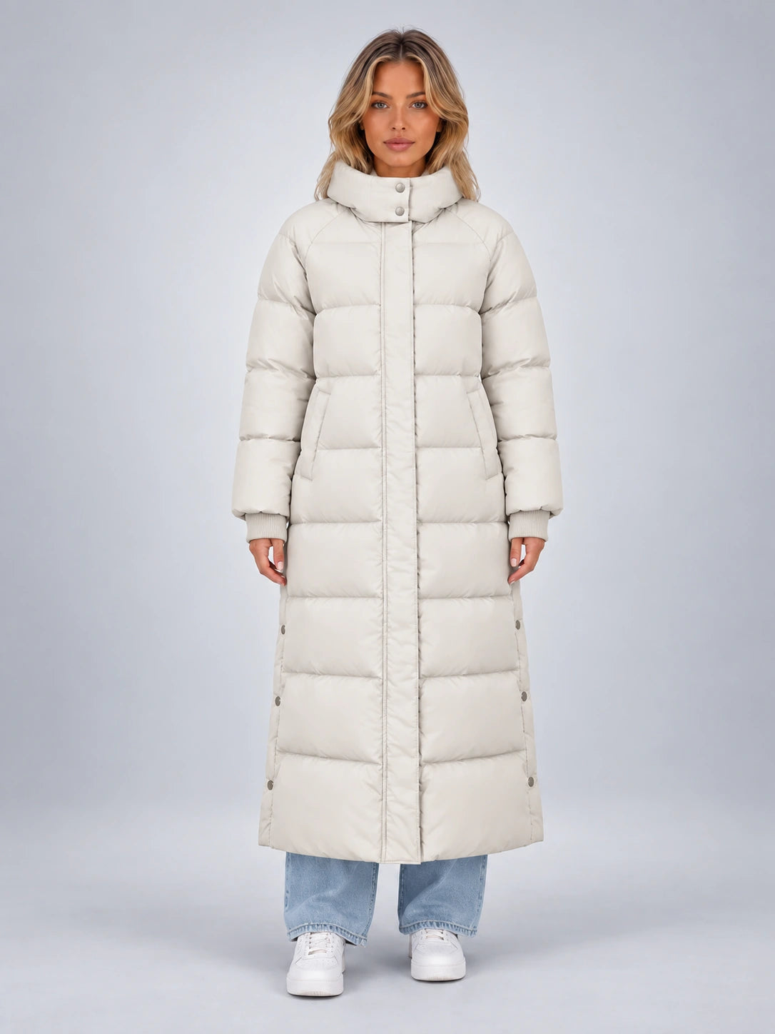 Women's Quilted Puffer Coat – Long Hooded Length in Ivory — front view