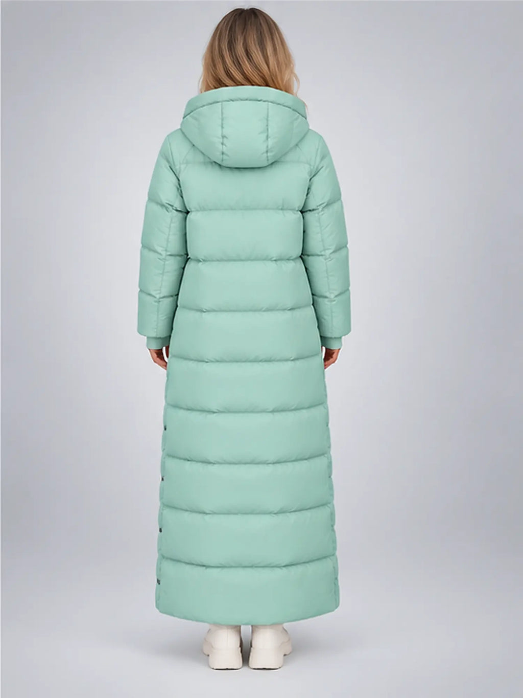 Women's Quilted Puffer Coat – Long Hooded Length in Mint — back view
