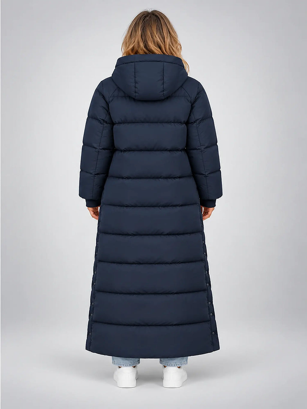 Women's Quilted Puffer Coat – Long Hooded Length in Navy — back view
