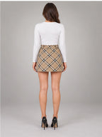 Women's Retro Plaid Mini Skirt – High Waist A-Line in Coffee Plaid — back view