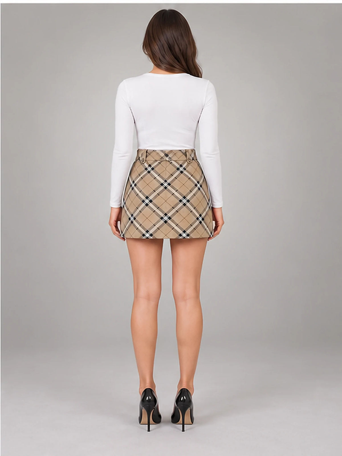 Women's Retro Plaid Mini Skirt – High Waist A-Line in Coffee Plaid — back view