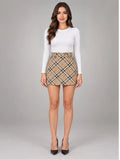 Women's Retro Plaid Mini Skirt – High Waist A-Line in Coffee Plaid — front view