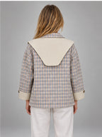 Women's Reversible Plaid Jacket – Contrast Shawl Collar in Taupe Plaid — back view