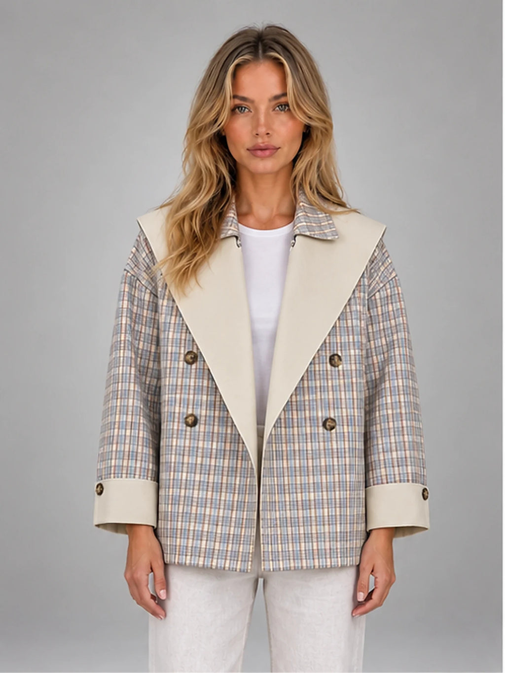 Women's Reversible Plaid Jacket – Contrast Shawl Collar in Taupe Plaid — front view