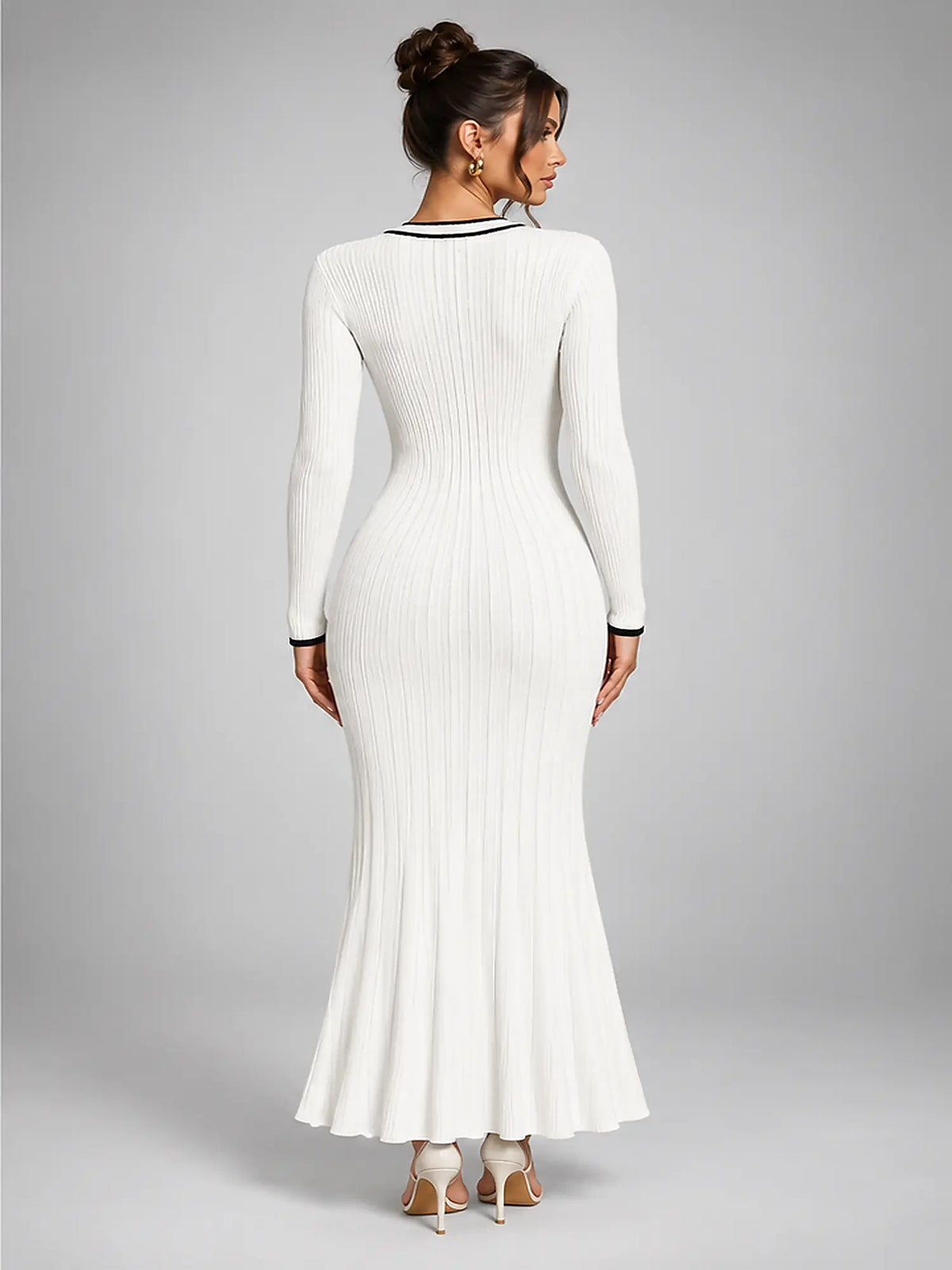 Women's Rib-Knit Midi Dress – Contrast Trim Button Front in Ivory — back view