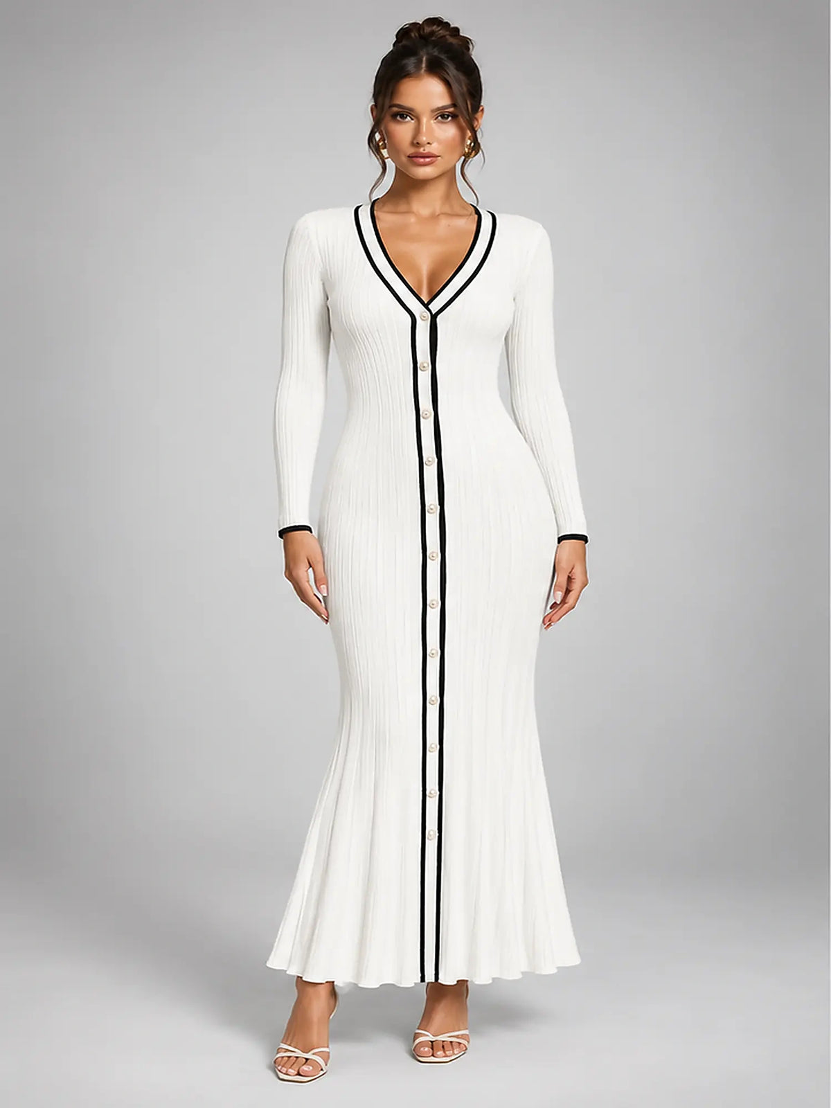 Women's Rib-Knit Midi Dress – Contrast Trim Button Front in Ivory — front view
