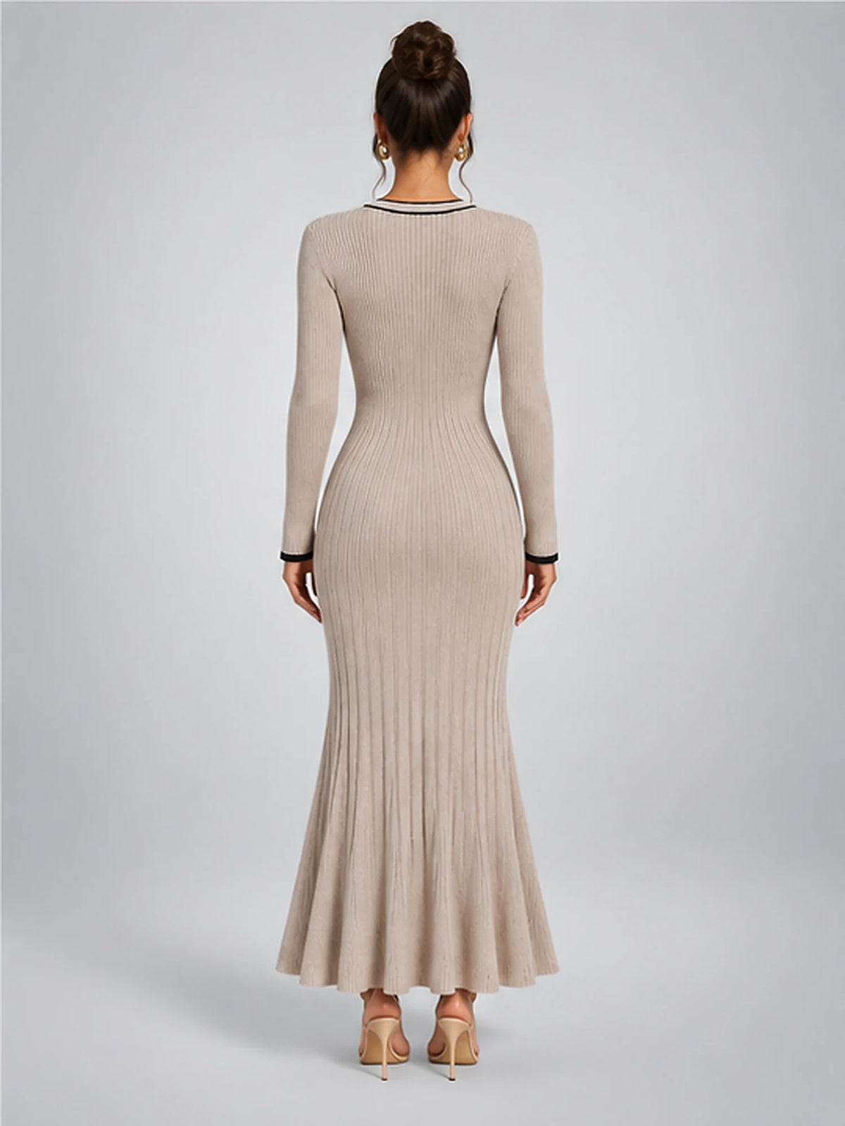Women's Rib-Knit Midi Dress – Contrast Trim Button Front in Taupe — back view