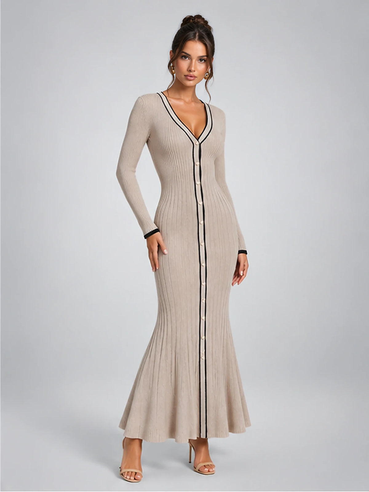 Women's Rib-Knit Midi Dress – Contrast Trim Button Front in Taupe — alternate view