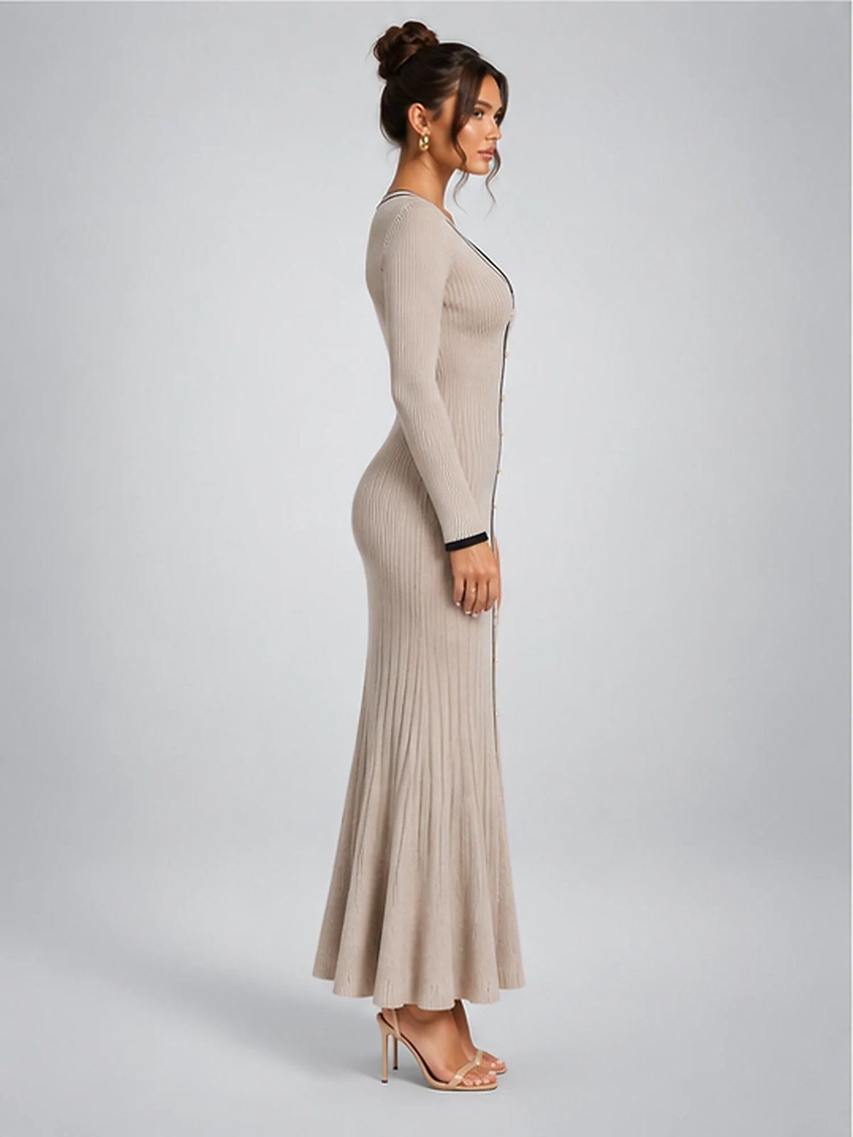 Women's Rib-Knit Midi Dress – Contrast Trim Button Front in Taupe — side view