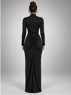 Women's Ruched Maxi Dress – Turtleneck in Black — back view