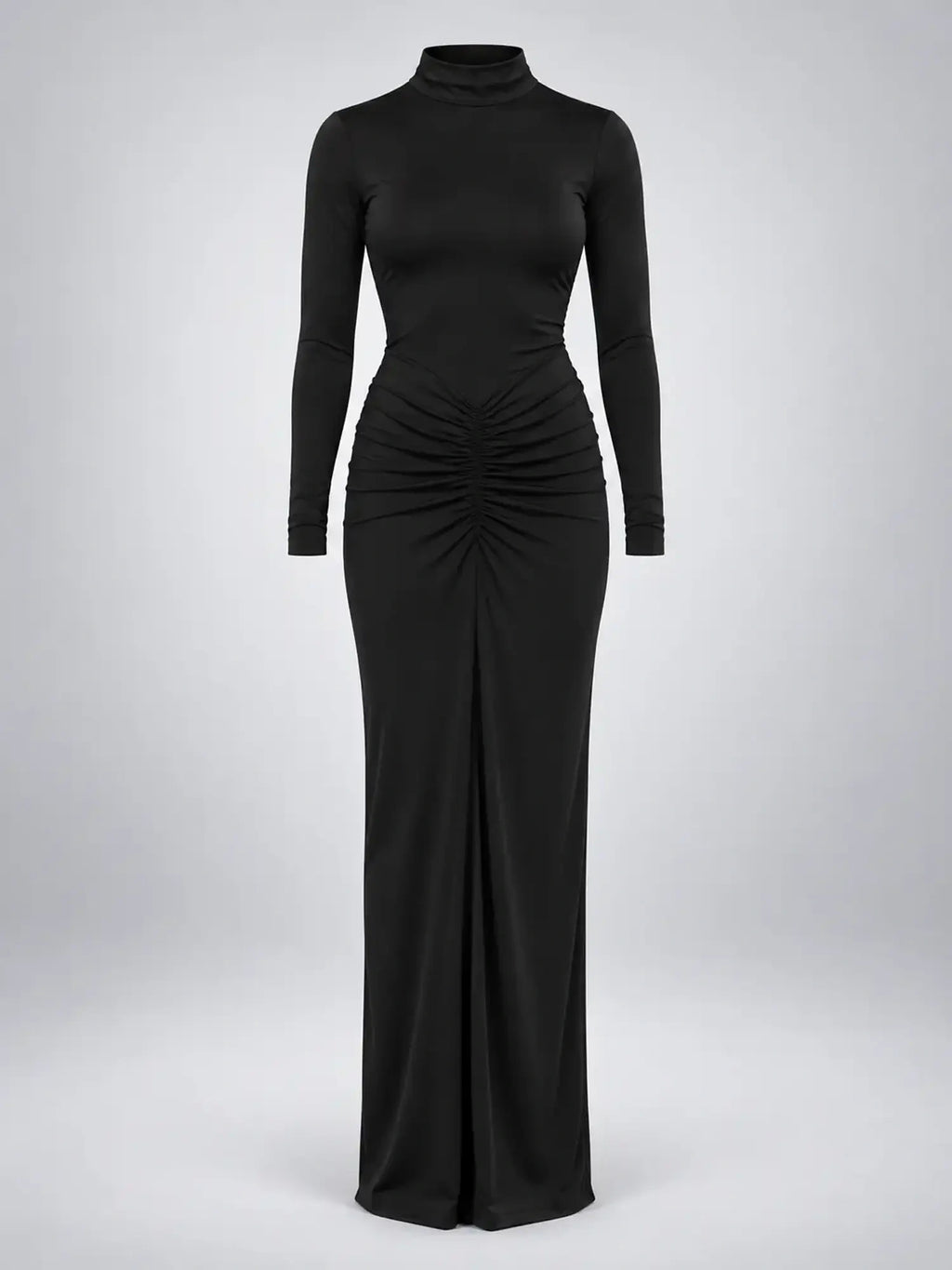 Women's Ruched Maxi Dress – Turtleneck in Black — product detail