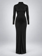 Women's Ruched Maxi Dress – Turtleneck in Black — product detail