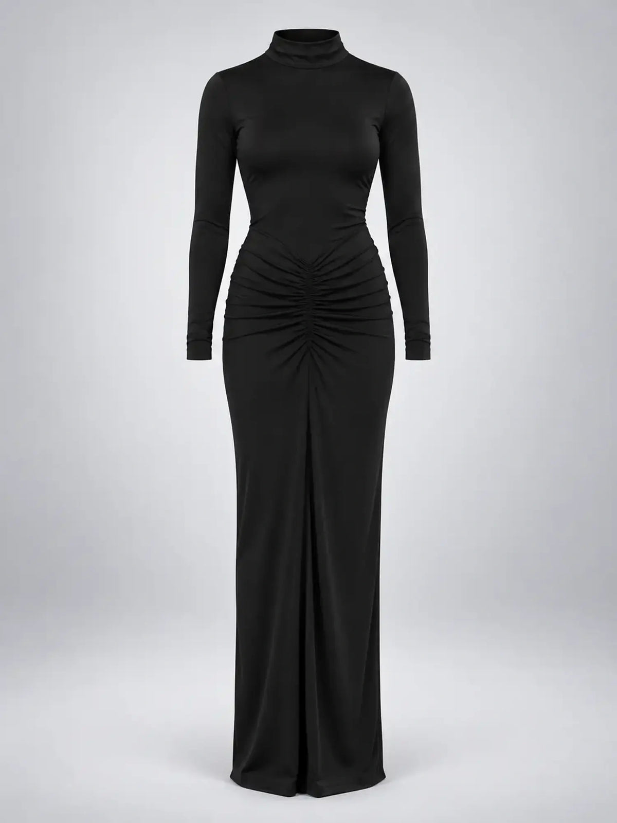 Women's Ruched Maxi Dress – Turtleneck in Black — product detail