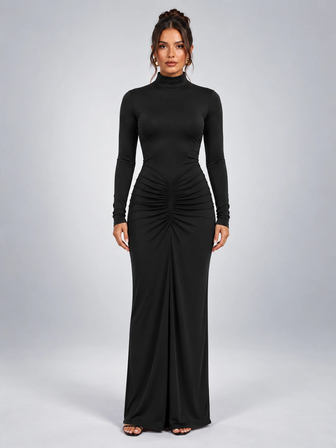 Women's Ruched Maxi Dress – Turtleneck in Black — front view