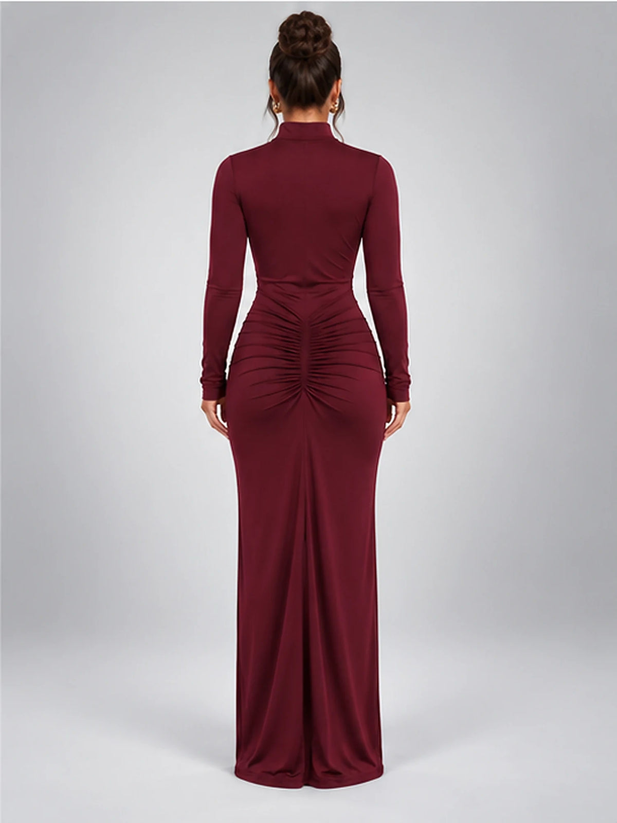 Women's Ruched Maxi Dress – Turtleneck in Burgundy — back view