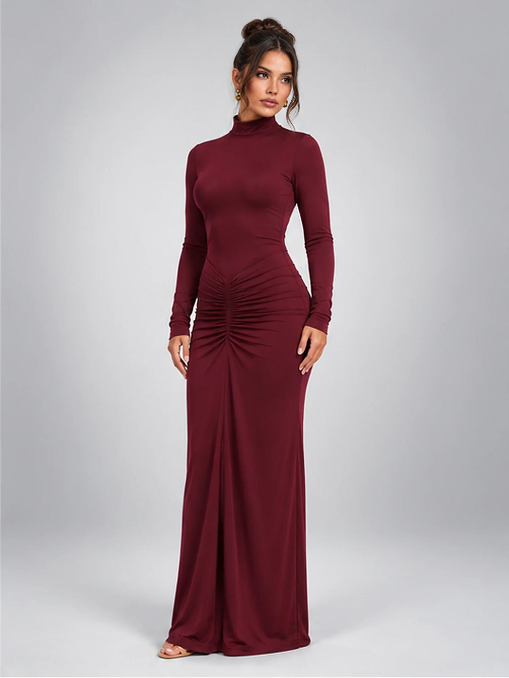 Women's Ruched Maxi Dress – Turtleneck in Burgundy — alternate view