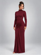 Women's Ruched Maxi Dress – Turtleneck in Burgundy — alternate view
