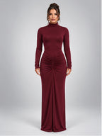 Women's Ruched Maxi Dress – Turtleneck in Burgundy — front view