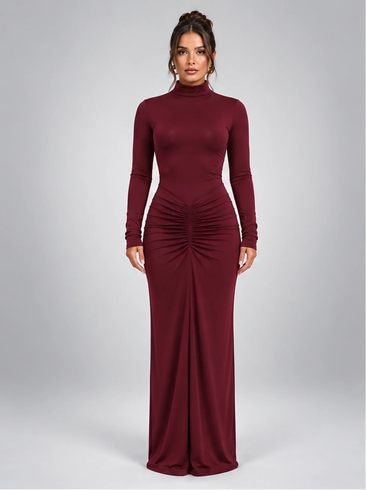 Women's Ruched Maxi Dress – Turtleneck in Burgundy — front view
