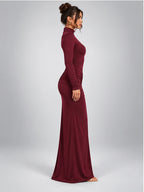 Women's Ruched Maxi Dress – Turtleneck in Burgundy — side view