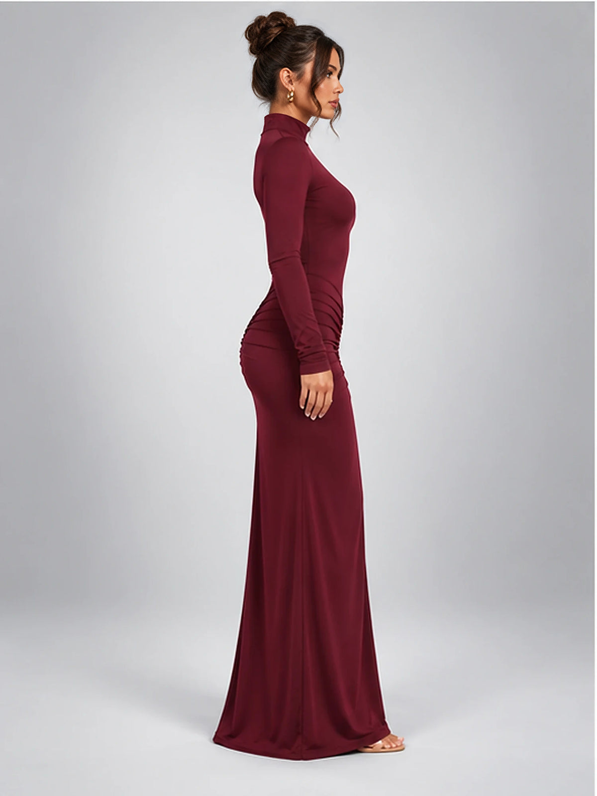 Women's Ruched Maxi Dress – Turtleneck in Burgundy — side view