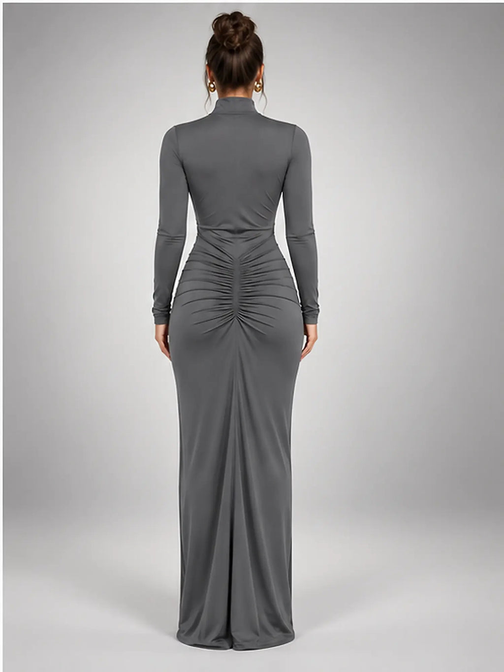 Women's Ruched Maxi Dress – Turtleneck in Charcoal Grey — back view