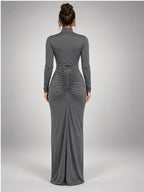 Women's Ruched Maxi Dress – Turtleneck in Charcoal Grey — back view