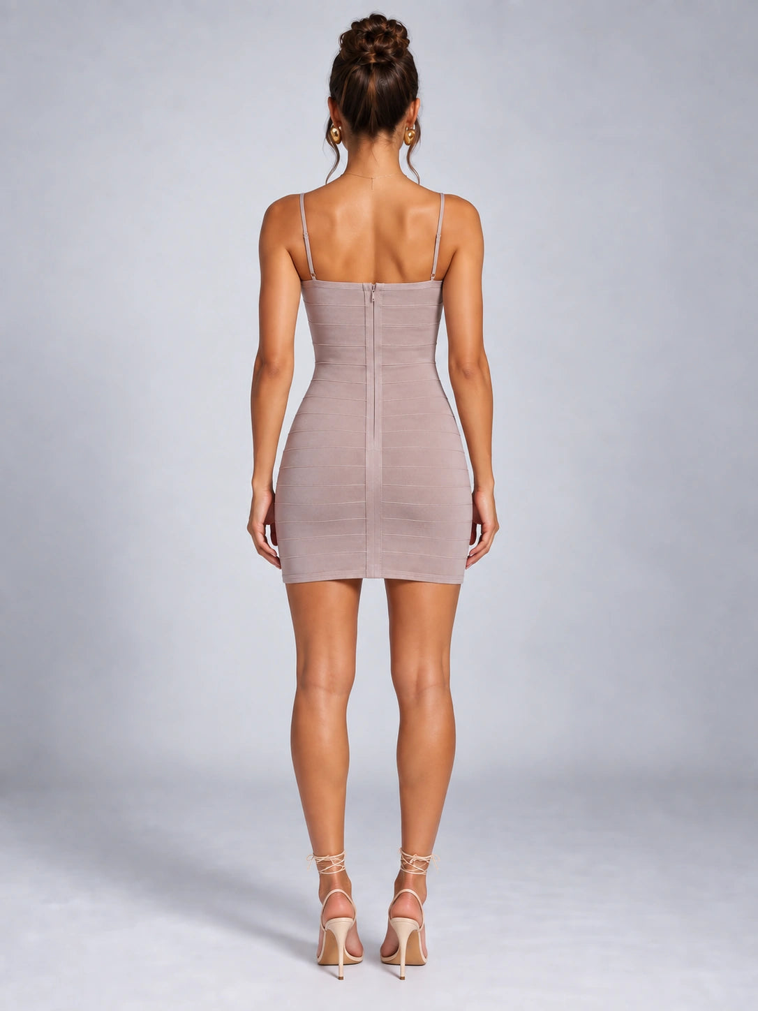 Women's Ruched Mini Dress – Strappy Bodycon Fit in Pink — back view