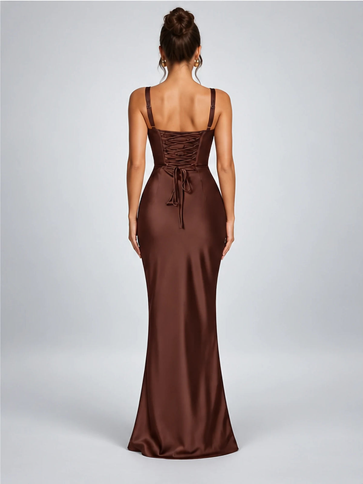 Women's Ruched Satin Maxi Dress – Square Neck in Chocolate Brown — back view