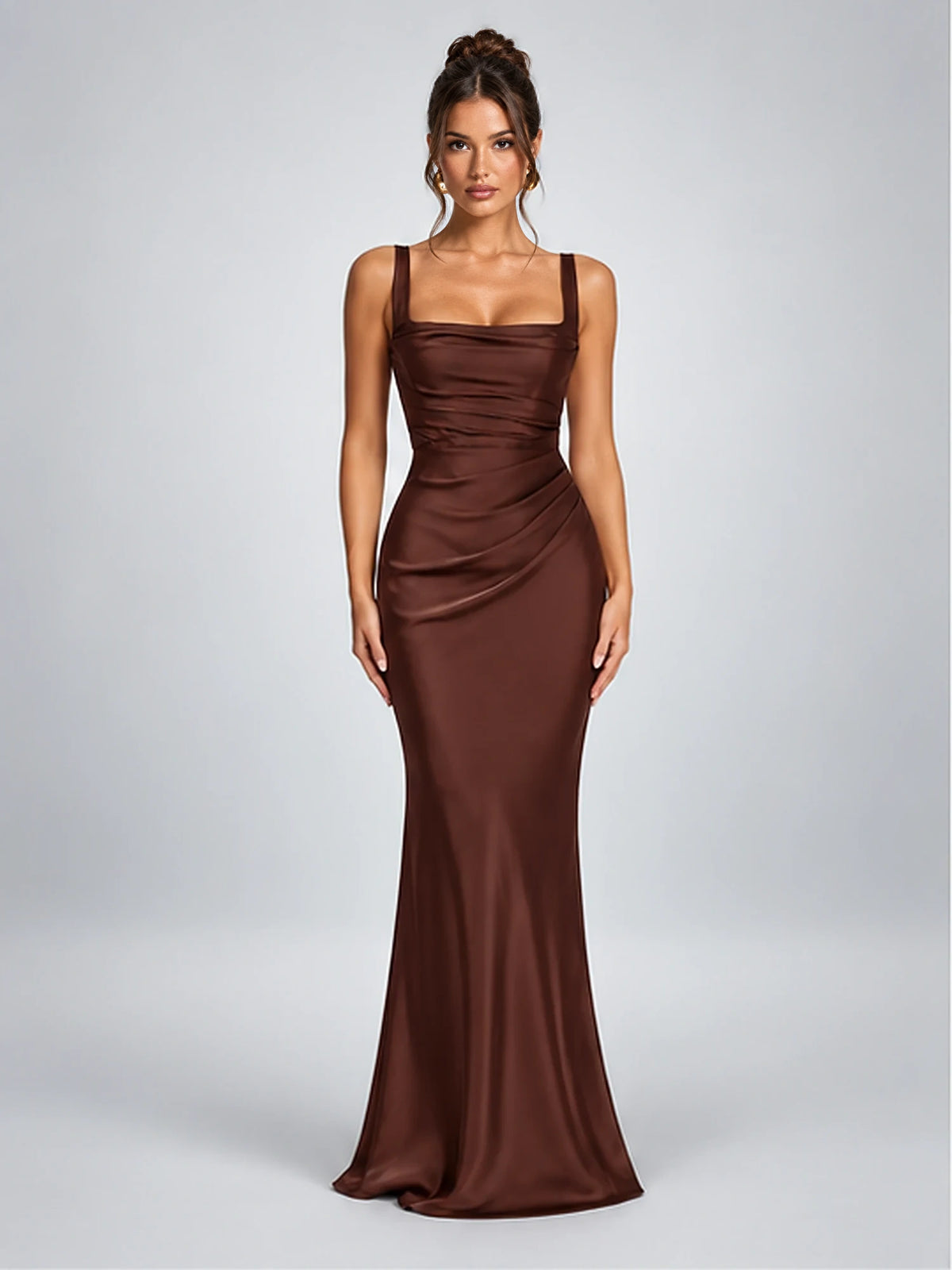 Women's Ruched Satin Maxi Dress – Square Neck in Chocolate Brown — front view