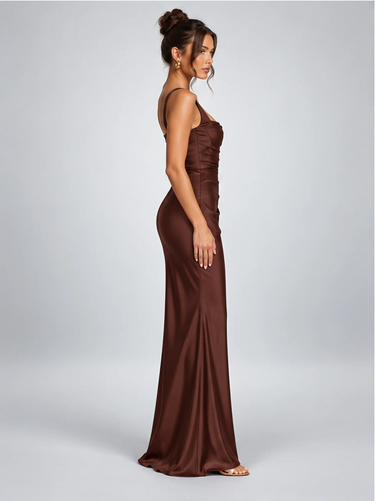 Women's Ruched Satin Maxi Dress – Square Neck in Chocolate Brown — side view