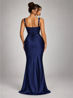 Women's Ruched Satin Maxi Dress – Square Neck in Navy — back view