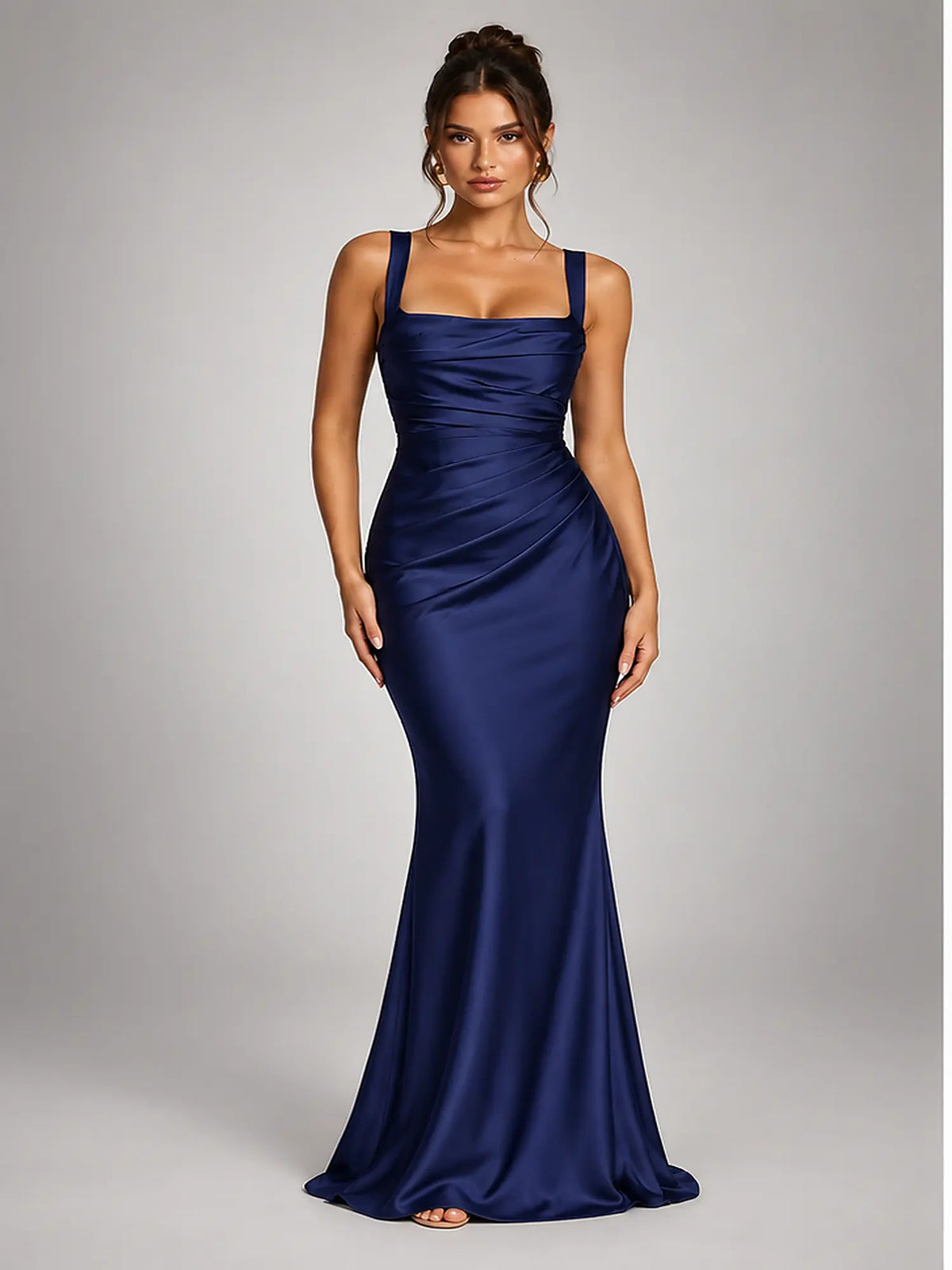 Women's Ruched Satin Maxi Dress – Square Neck in Navy — front view